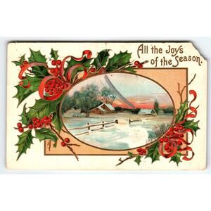 Vintage 1910 Christmas Postcard Winter Scene with Holly & Berries